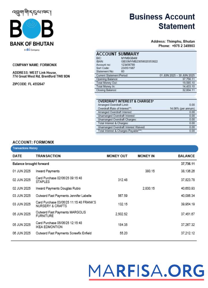 Printable Bank of Bhutanese enterprise account statement Word and PDF template